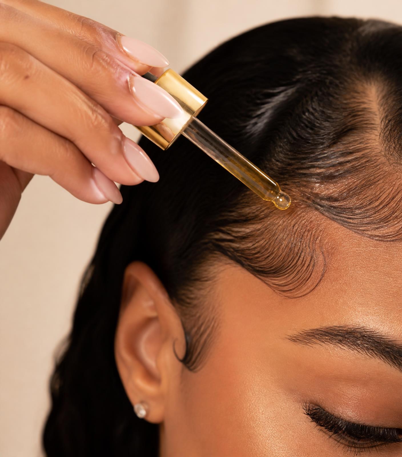 Applying golden hair serum with a dropper to the scalp
