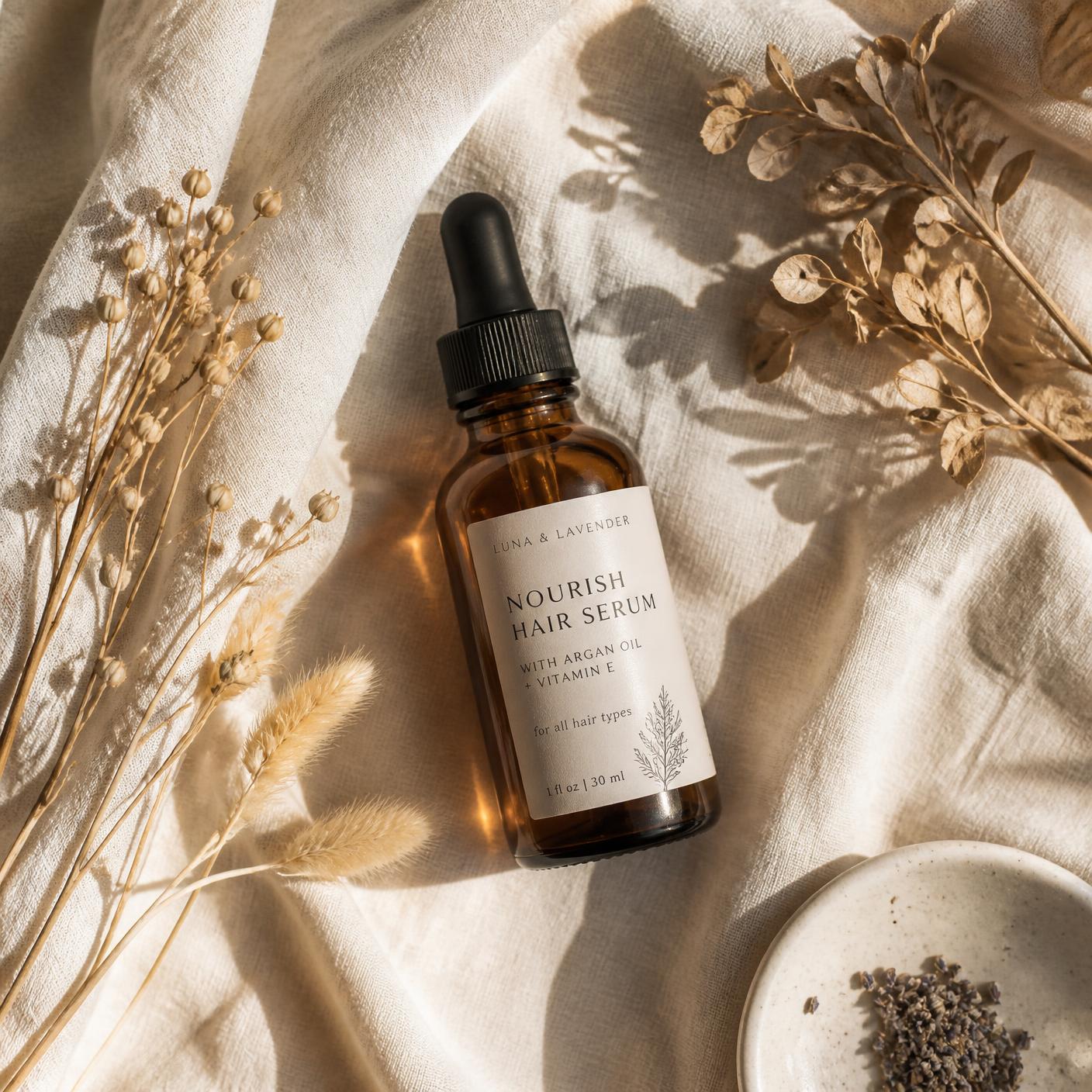 Amber serum bottle with dried botanicals